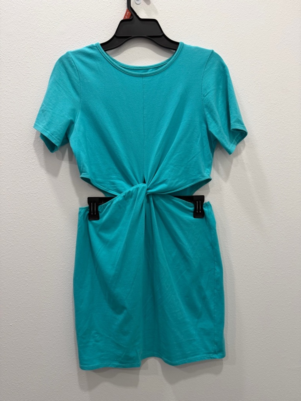 Turquoise Cotton Twist Knot Front Cutout Mini T-Shirt Dress Short Sleeve size M - Picture 5 of 6